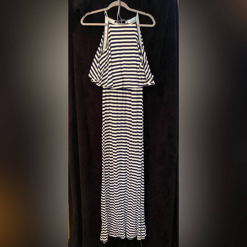 She + Sky Navy and White Long Sleeve Dress